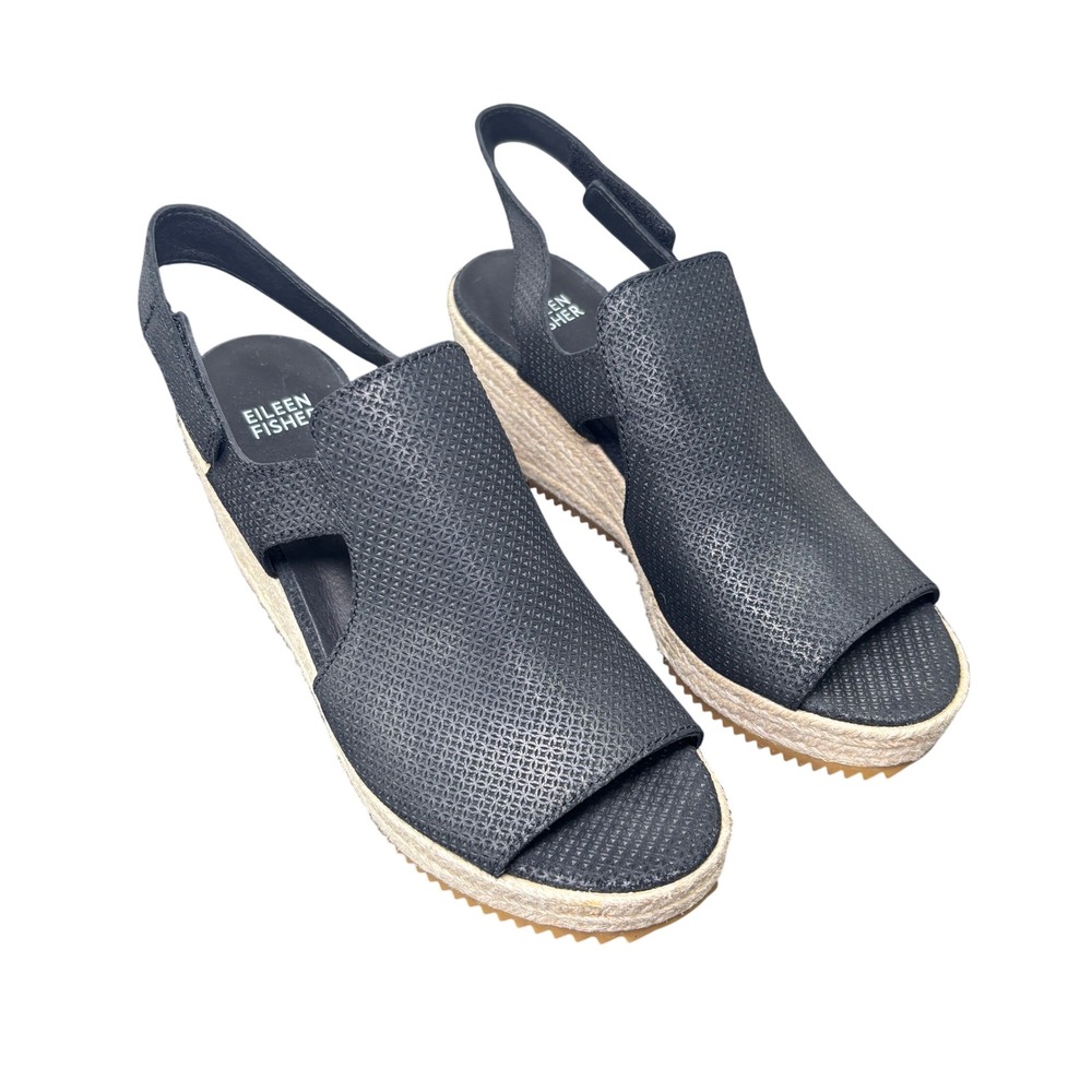 Eileen Fisher Wilda Black Perforated Leather Espadrille Wedge Sandals Womens 8